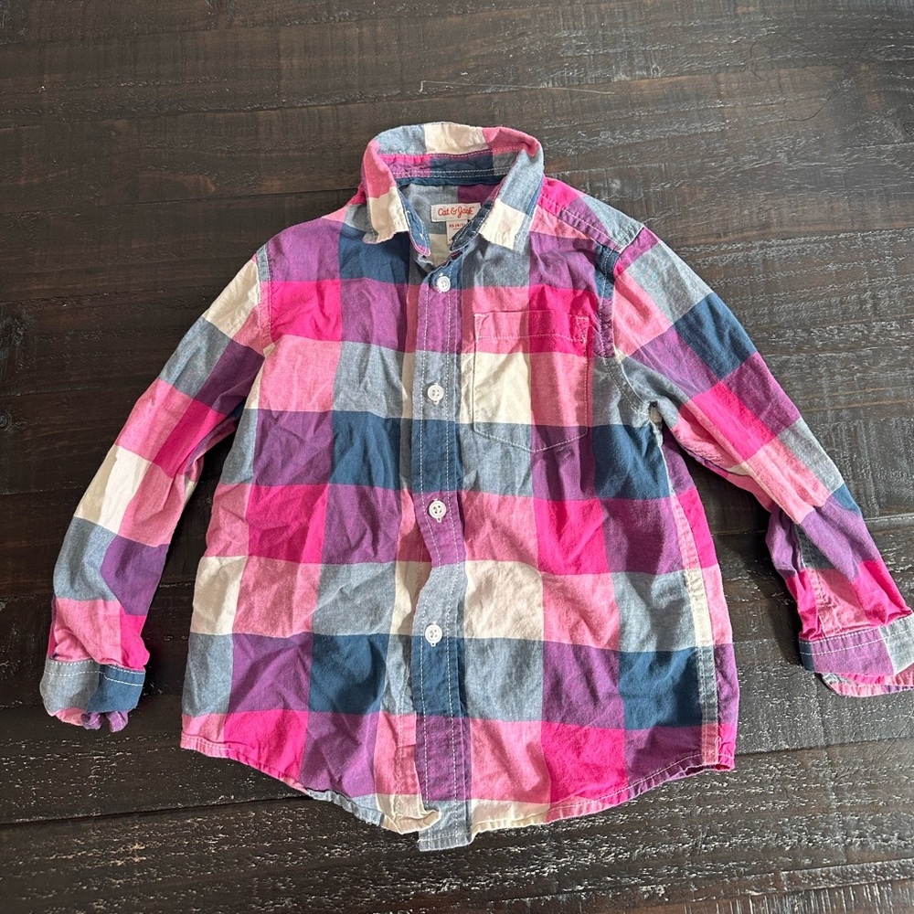 Cat & Jack Kids bright Pink and Blue Plaid Button Down Shirt XS 4/5 100% cotton